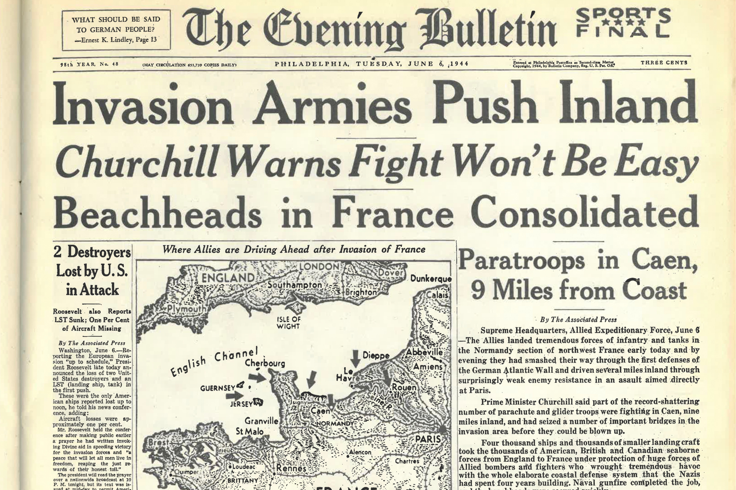 The Evening Bulletin Newspaper Covering D-Day Cover Photo