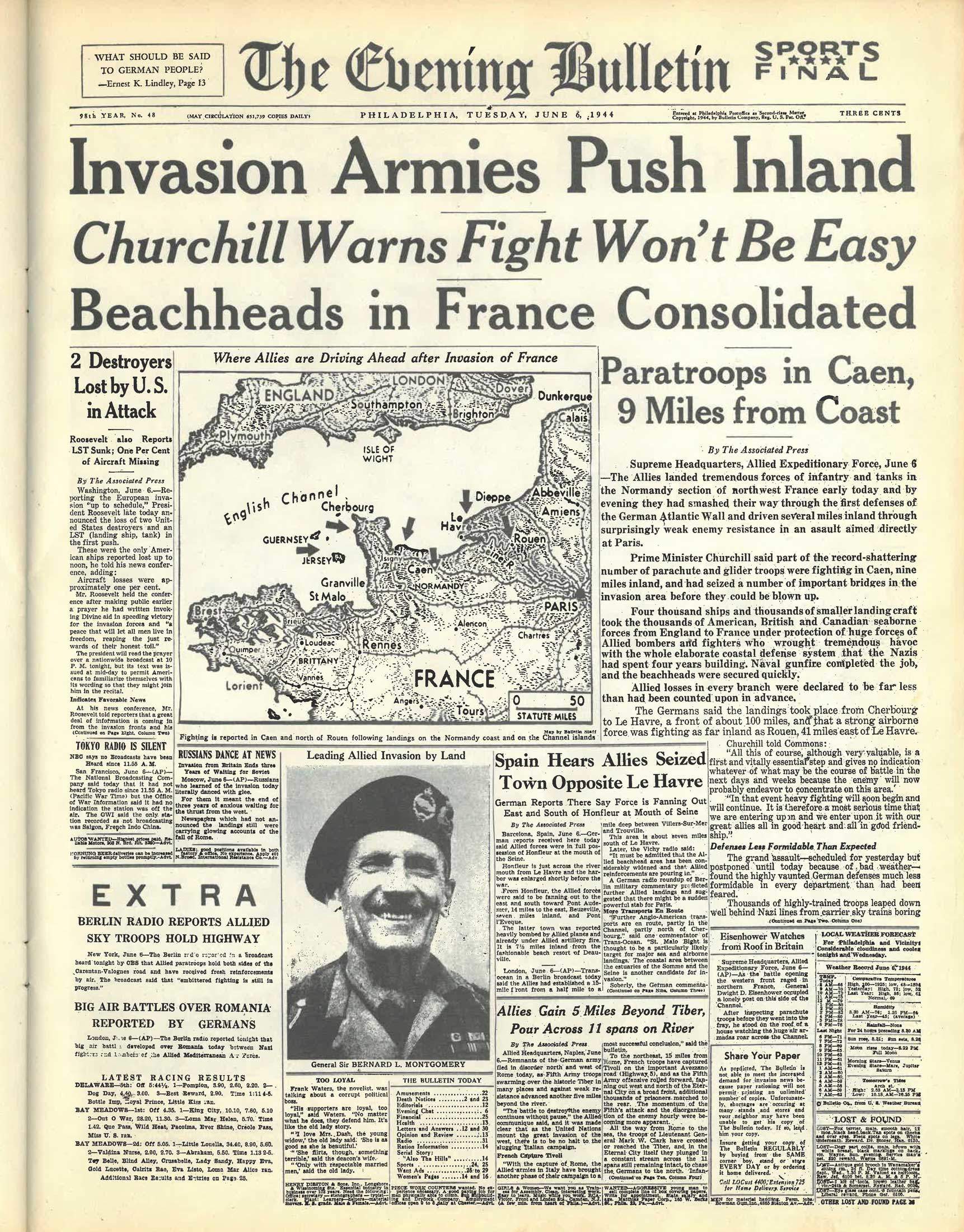 Image of The Evening Bulletin Newspaper Covering D-Day "Invasion Armies Push Inland"