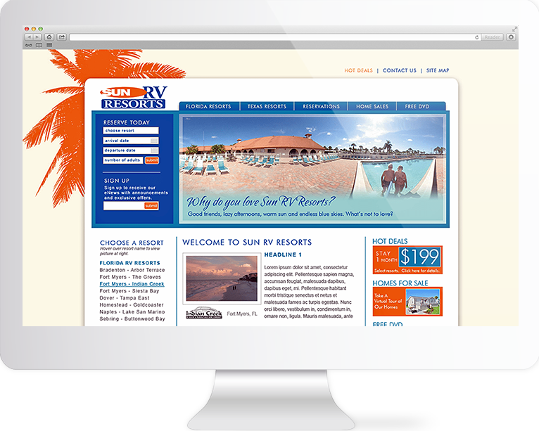 Hotel Website Design Agency Creative | Sun RV Resorts | Quenzel Marketing Agency | Fort Myers, Florida